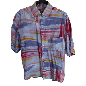 Ermenegildo Zegna Mens Linen Short Sleeve Shirt Abstract Print Blue Red M Italy